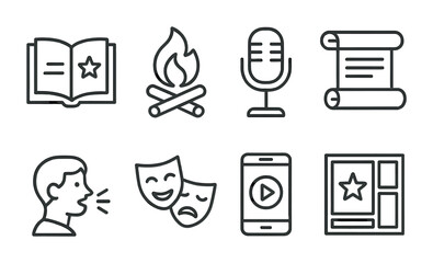 Icons of storytelling: book, campfire, microphone, scroll, speech, theater, mobile, layout.