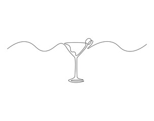 Martini glass outline drawing illustration. Continuous line draw of alcoholic drink vector.