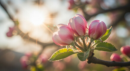 Obraz premium Delicate pink apple blossoms bathed in warm sunlight a breathtaking spring scene of nature s beauty