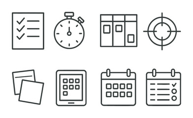 Line art icons for task management and productivity tools.