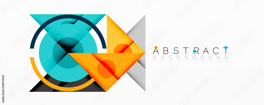 Poster Abstract geometric design features vibrant turquoise, orange, dark blue elements. Shapes overlap creating dynamic composition. Modern visual presentation suitable backgrounds.
