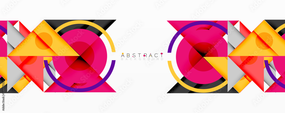 Poster abstract geometric design features overlapping triangles, circles, squares. vivid colorsyellow, purp