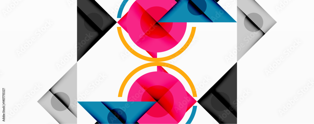 Poster abstract geometric composition. vivid pink, blue, orange shapes intersect with gray, black triangles