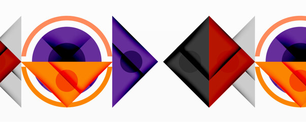 Abstract geometric composition. Circles, triangles, diamonds overlap creating vibrant color patterns. Modern design with bold shapes, gradients, clean lines. Minimalist aesthetic.