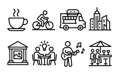 Obraz premium Line art icons of coffee, cycling, food truck, cityscape, museum, meeting, musician, outdoor dining.