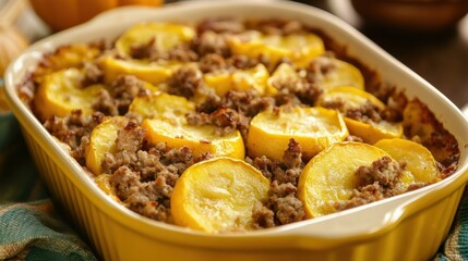 Fototapeta premium A delicious baked dish featuring golden cheese and colorful ingredients, presented in a rustic dish, inviting appetite.