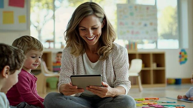 Engaging kindergarten teacher with students in interactive learning session