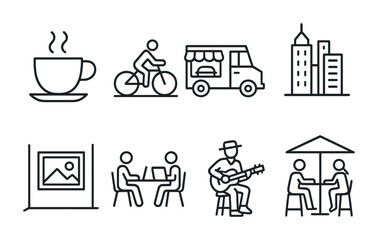 Fototapeta premium Urban lifestyle icons: coffee, biking, food truck, cityscape, workspace, music, dining.