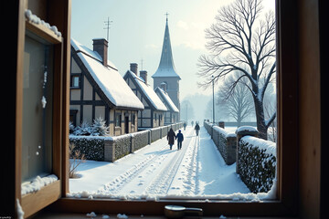 Through the village window frame one can see the roofs of houses and wooden church spires, and the villagers are walking.