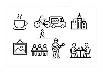 Simple line art city icons featuring coffee, bicycle, food truck, urban scene, and people.