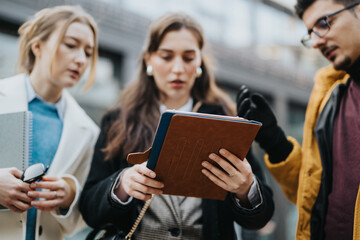 Group of young business colleagues brainstorming ideas and collaborating in a modern outdoor...