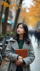 Fototapeta premium A young Asian woman stands thoughtfully on a bustling autumn street, holding a brown folder close to her chest. Surrounded by golden leaves and blurred figures, she embodies a moment of reflection