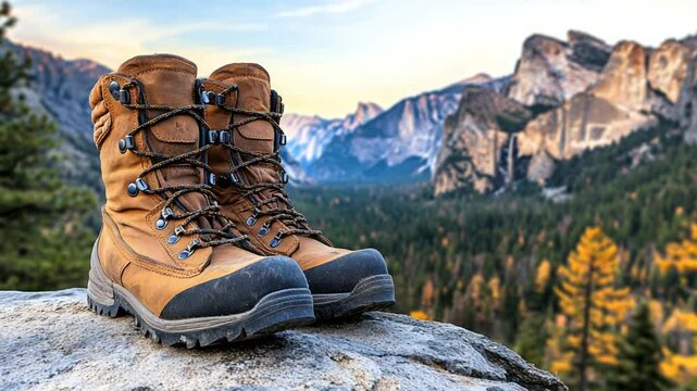Hiking Boots on Mountain Rock: Yosemite Valley Autumn Sunrise