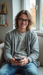 Fototapeta na wymiar A cheerful young man with tousled hair and glasses sits comfortably on a soft couch, holding his smartphone with a warm smile. The inviting atmosphere is enhanced by natural light streaming through