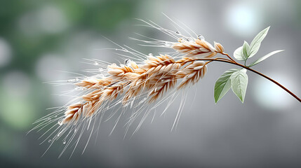 Obraz premium Dew-kissed wheat stalk with leaves against a blurred background