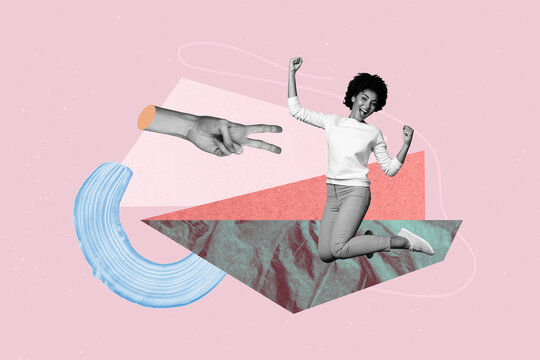 Contemporary artwork collage of happy girl guy jump hands show gesture non-verbal communication fun childish occasion vibe