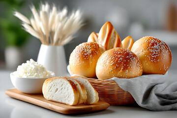 Fresh baked bread assortment in a wicker basket with cream cheese