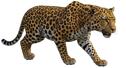 Obraz premium Majestic jaguar powerful stance striking spots detailed fur intense gaze isolated white background