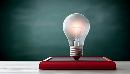 Glowing lightbulb on red frame against chalkboard
