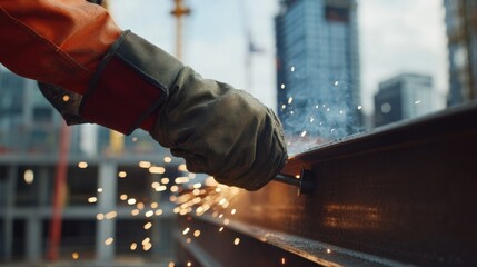 Steelworker reinforcing beams at a skyscraper site. Featuring precision and strength