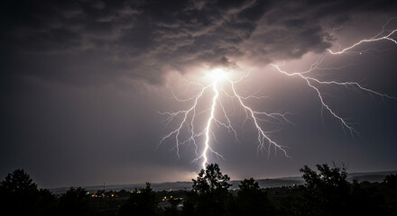 Dramatic lightning strike over dark landscape at night powerful storm clouds and bright flash