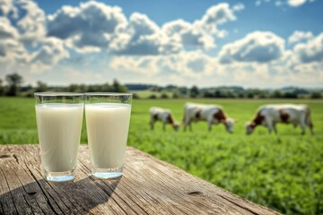 Two glasses of fresh milk on rustic wood table with holstein cows