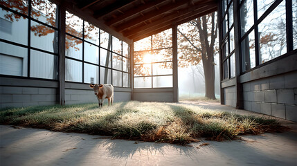 Fototapeta premium Lone calf in a sunlit, grassy enclosure within a rustic building