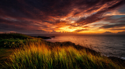 Golden grass sways in the wind atop a cliff overlooking a fiery sunset over the ocean, evoking feelings of peace and serenity
