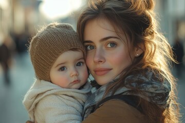 Obraz premium Mother Holding Baby in Urban Street Vintage Style Nostalgic Moment