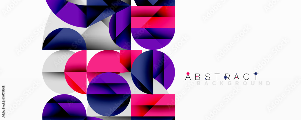 Poster Dynamic composition featuring overlapping circles, squares, vibrant gradients. Modern design utilizes purple, pink, navy, silver hues. Minimalist aesthetic creates striking visual impact.