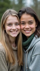 Obraz premium This heartwarming image captures two smiling young women, one with long blonde hair and the other with dark, wavy hair, standing close together in a vibrant outdoor environment. Their genuine smiles