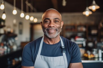 Fototapeta premium Smiling portrait of a middle aged African American small and local restaurant owner looking at camera