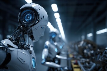 Fototapeta premium Futuristic humanoid robot assembling advanced technology components