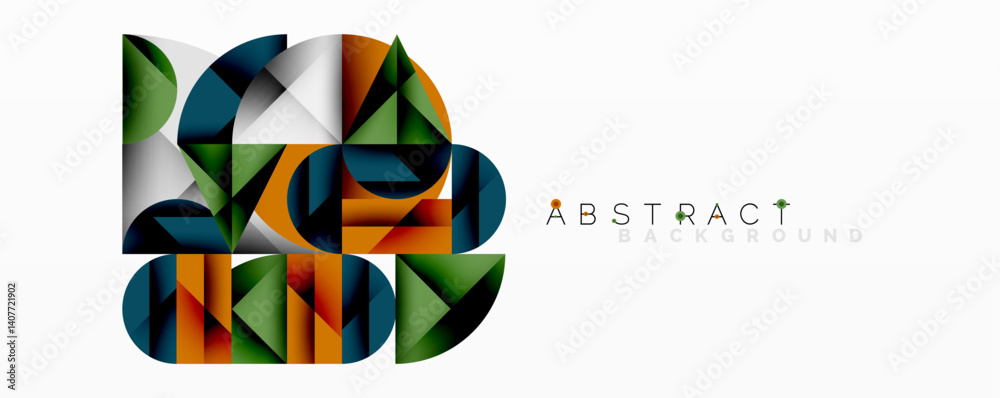 Poster geometric shapes overlap creating modern design. colors include orange, green, blue, gray. minimalis