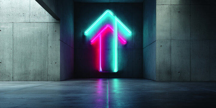 Neon arrow sign, pink and cyan, mounted on concrete wall, inside dark room, reflecting on floor, showcasing upward direction, progress concept