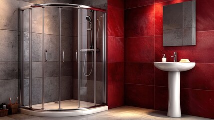 Modern corner shower with red accents
