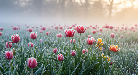 Frost kissed tulips in a misty dawn delicate pink and yellow blooms soft light serene field