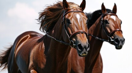 Two Running Horses, Open Field, Cloudy Sky, Equestrian Sport