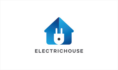 blue electric house logo with plug icon inside home shape