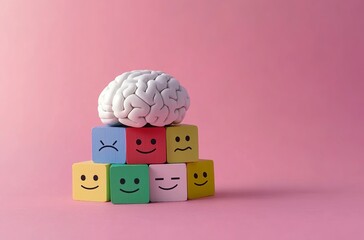 A white brain is placed on top of colorful wooden cubes with happy and sad face designs, against a pink background. toy blocks spelling baby