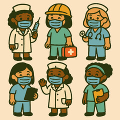 Six smiling multiracial medical workers in active poses and gear, ideal for diversity campaigns, pediatric materials, hospital walls, and health-related educational resources.
