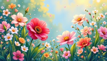 Seasonal Theme Illustrate a seasonal display with flowers representing spring and summer, surrounded by vibrant colors and soft light.