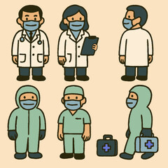 Six healthcare professionals in diverse medical outfits treating patients, using PPE, tools and compassion — fitting for hospital signage, pandemic awareness, or Health Workers Week.