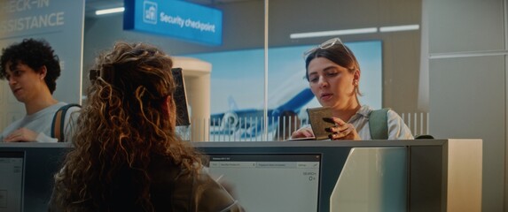 Queue of Multiethnic Passengers at Airport Check-in Counter: Female Airline Worker Checking Documents and Airplane Tickets. Diverse Tourists During Passport Control in International Airport Terminal.