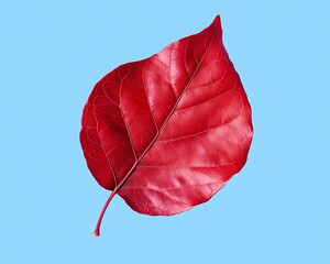 A bright crimson poplar leaf with smooth curves, centered on a solid light blue background