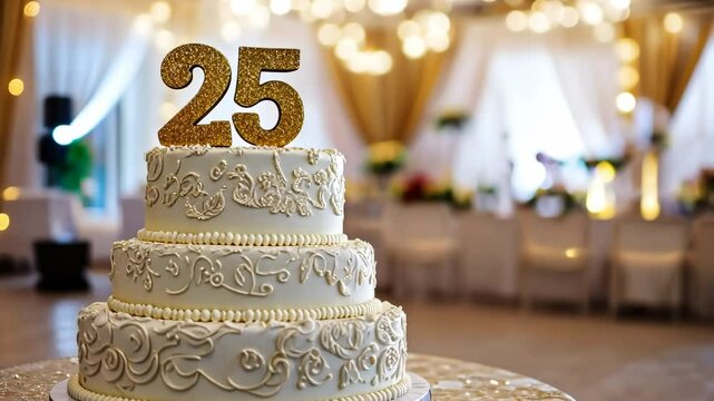 25th birthday cake adorned a gold accents. Birthday party. Blurred light festive background. Golden balloons. Twenty five years, Twenty-fifth anniversary. Celebration cake, golden candles. Numbers 25