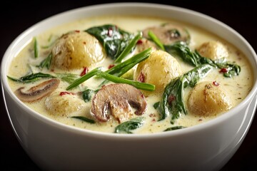 Creamy vegetable soup with mushrooms and spinach served in a bowl on a dark table