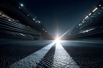 Dramatic Night View of an Empty Race Track with Bright Headlights