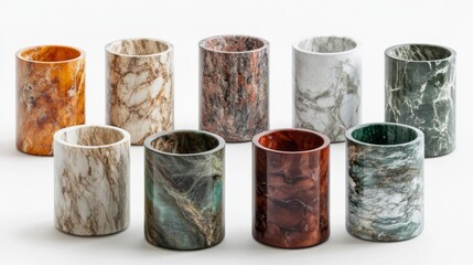 Elegant collection of colorful stone cups arranged beautifully. These unique design pieces enhance any decor and serve multiple purposes. Perfect for home or office use. Generative AI