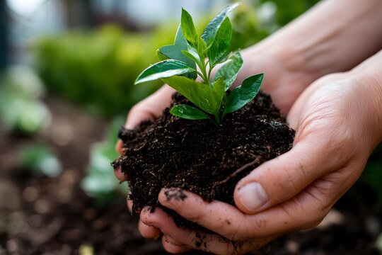Hands Holding Fresh Plant Seedling in Rich Soil Outdoors